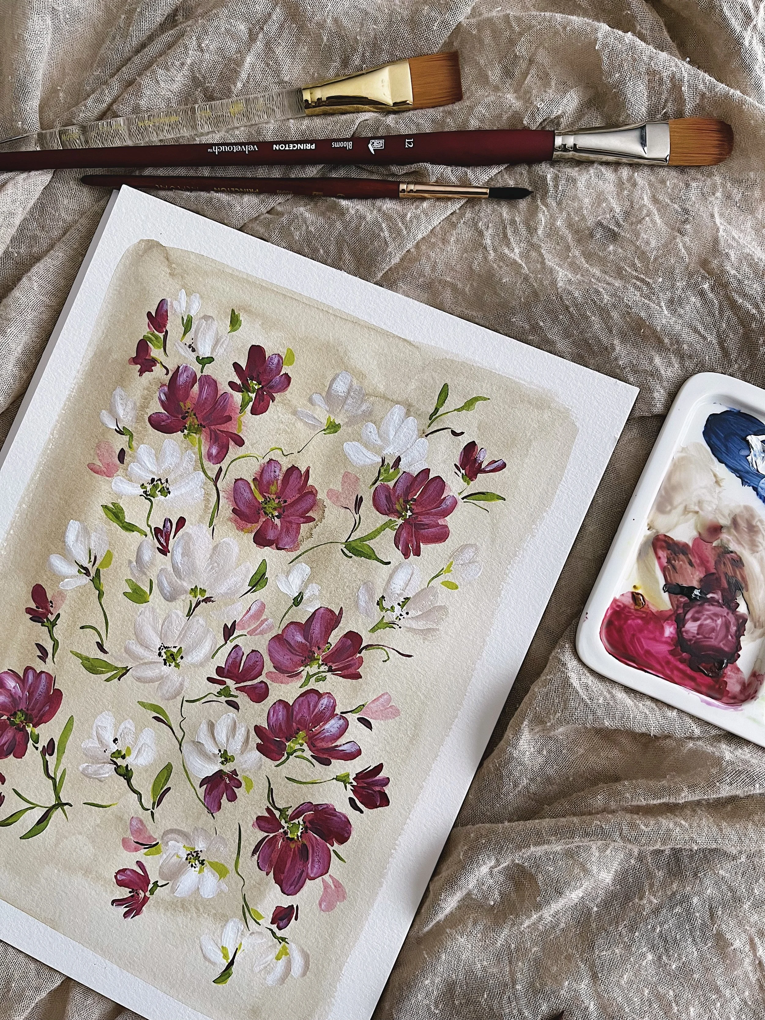 Burgundy taupe wildflowers art print