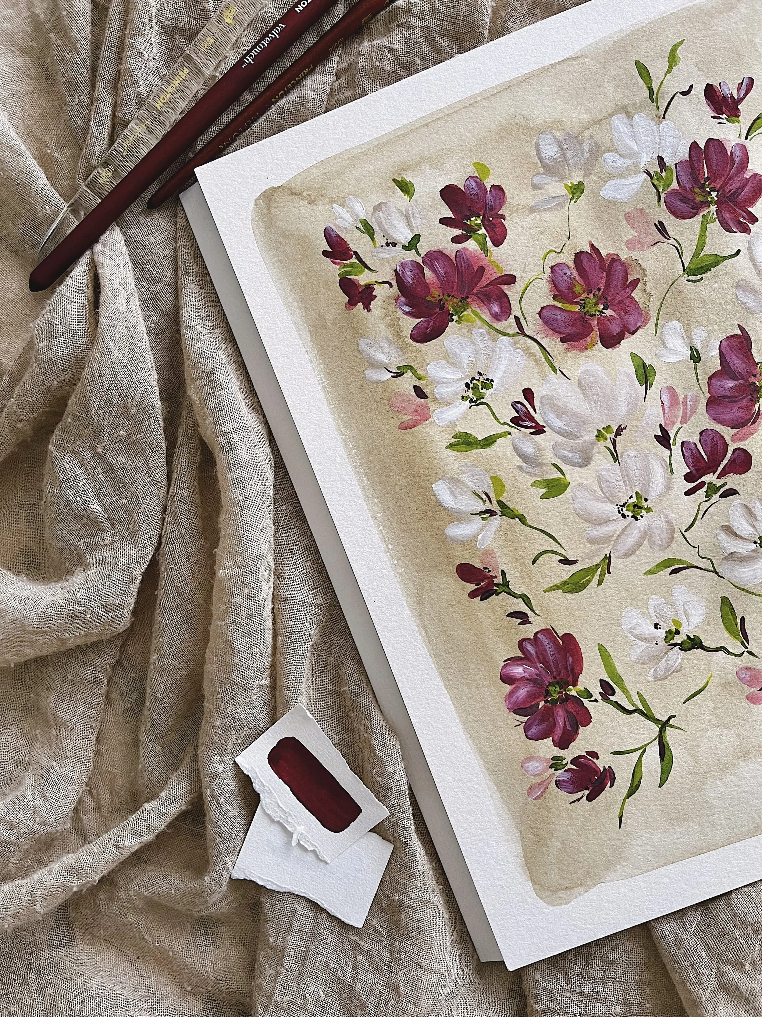 Burgundy taupe wildflowers art print