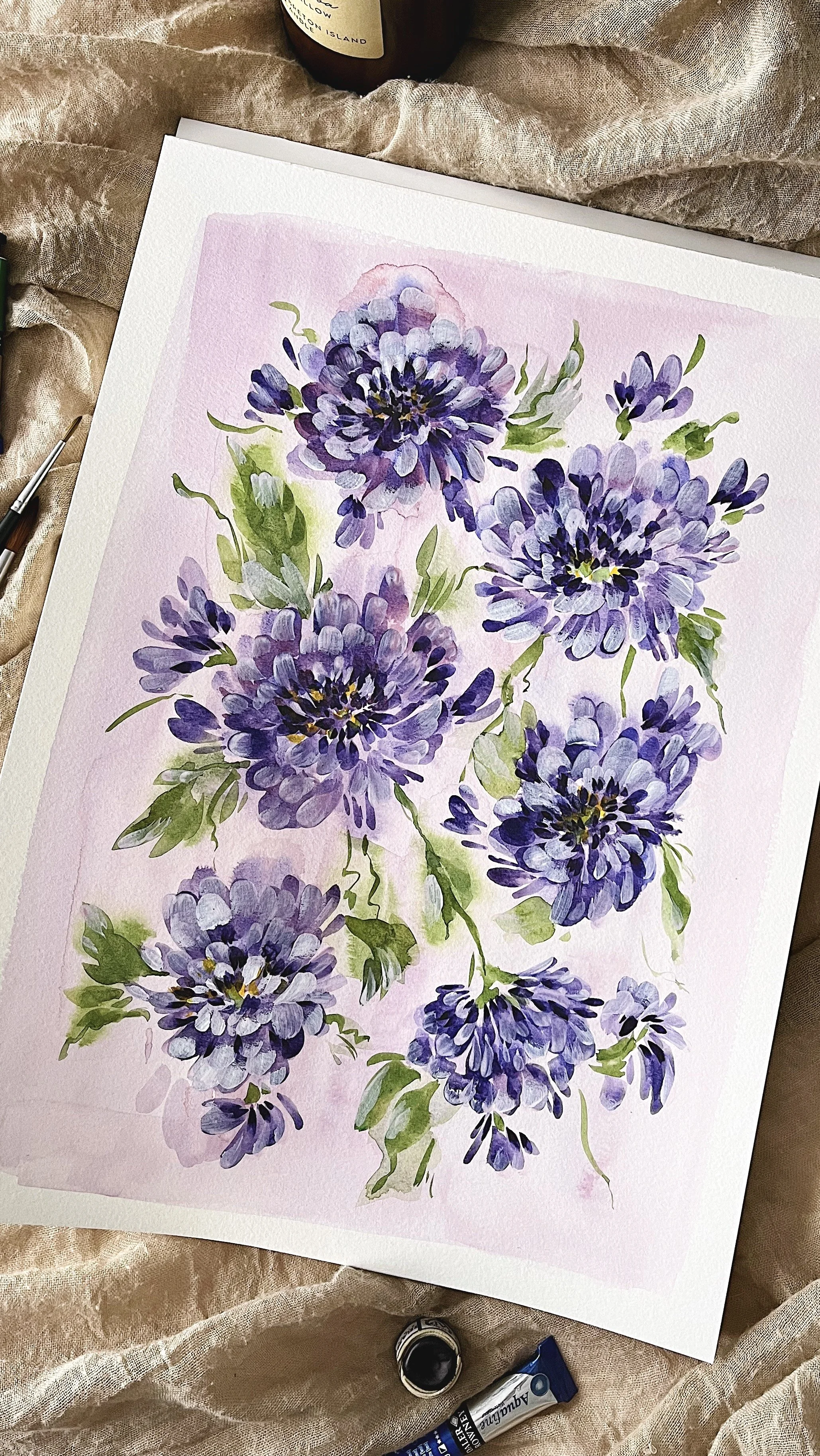 Purple dahlias floral art print