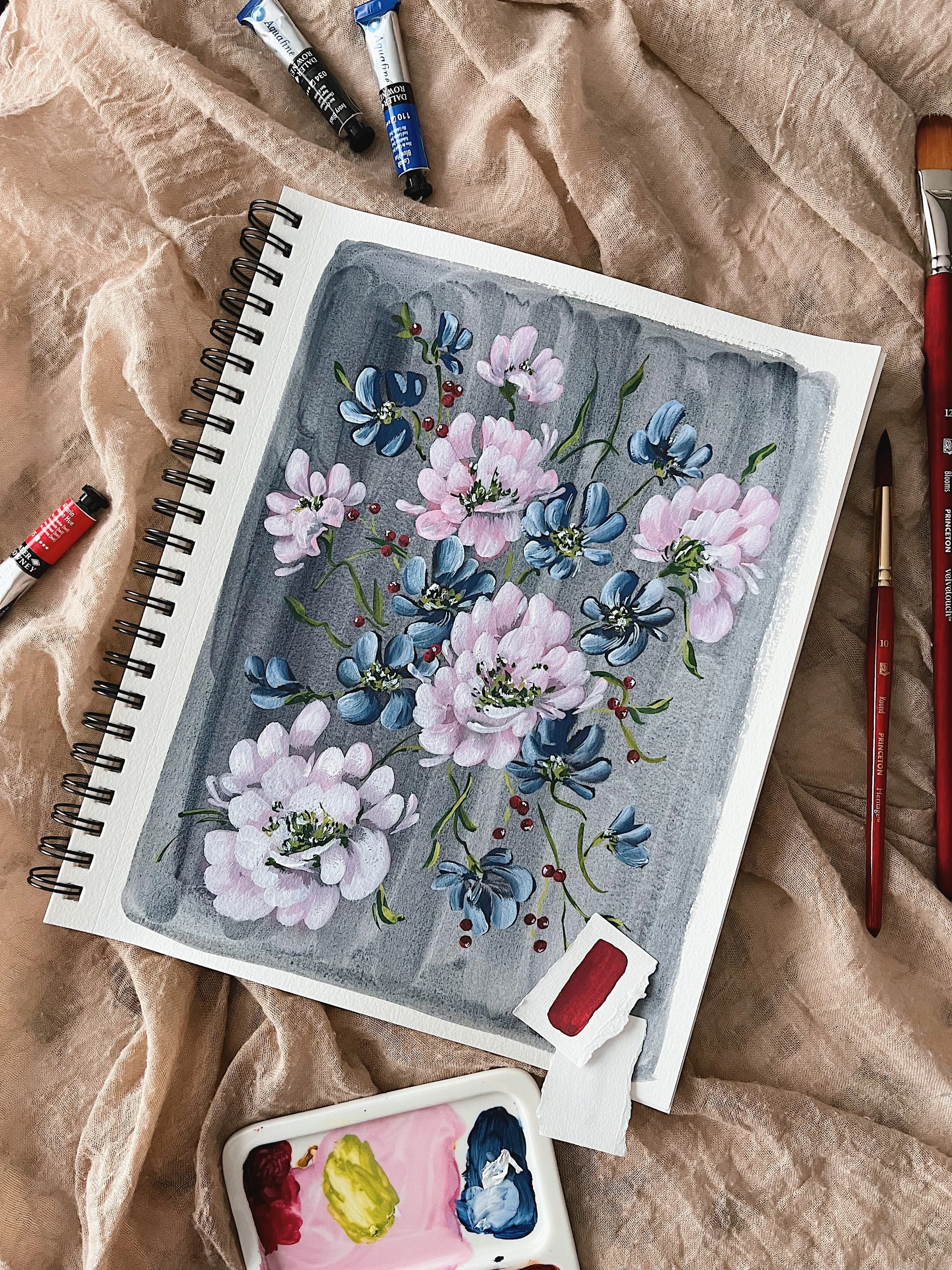 Pink peonies and wildflowers grey art print