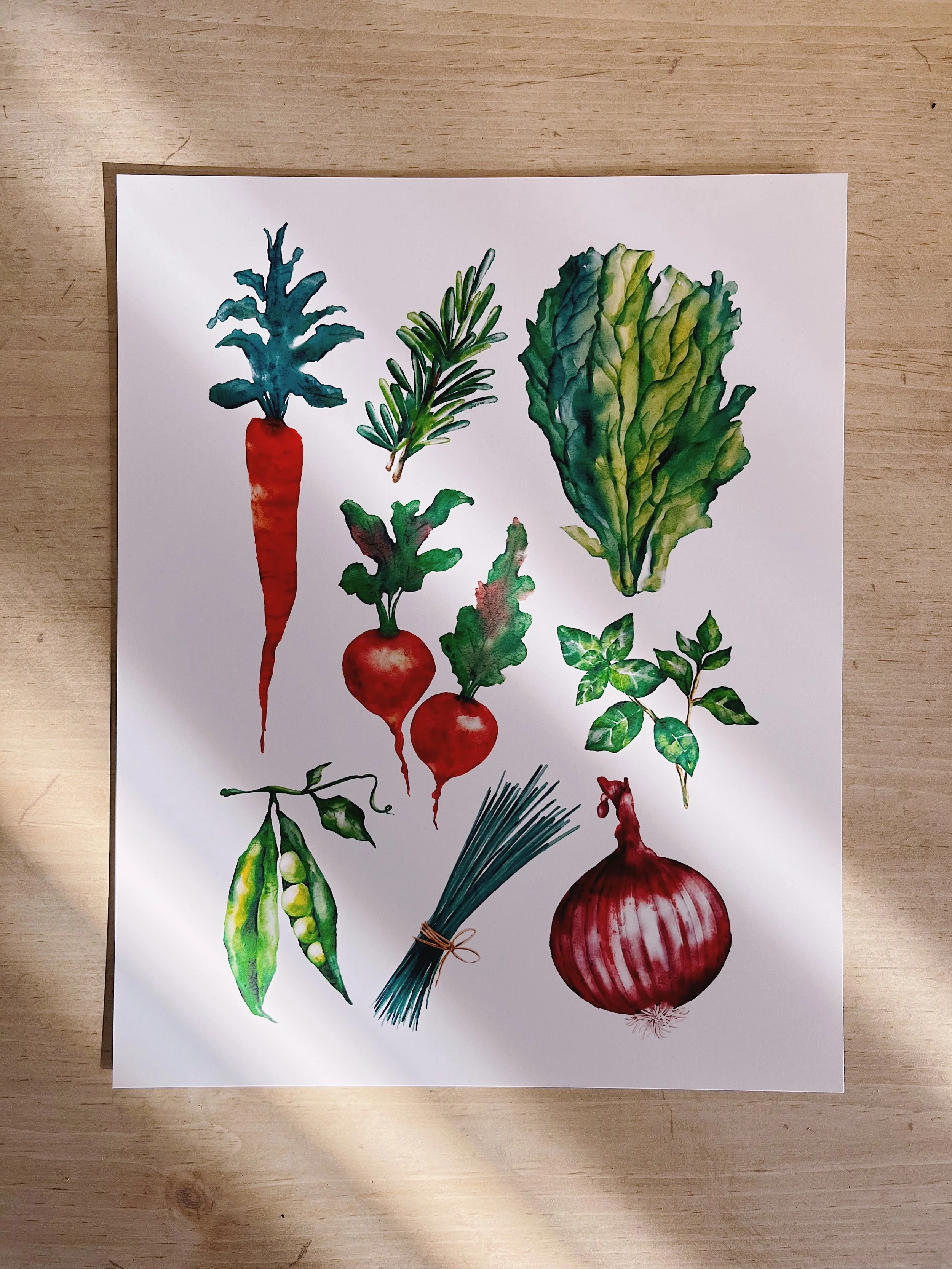 Watercolour spring vegetables art print