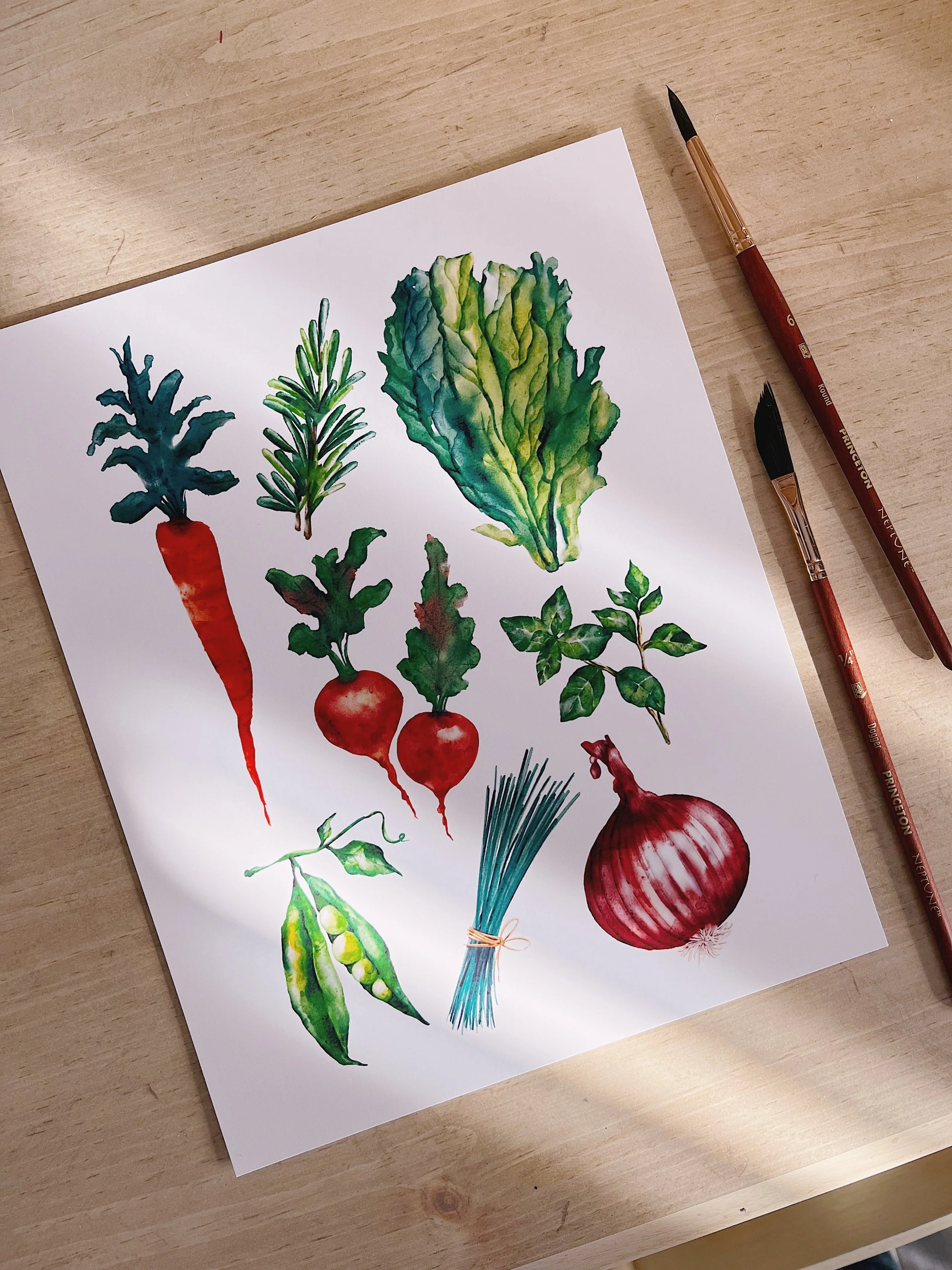 Watercolour spring vegetables art print