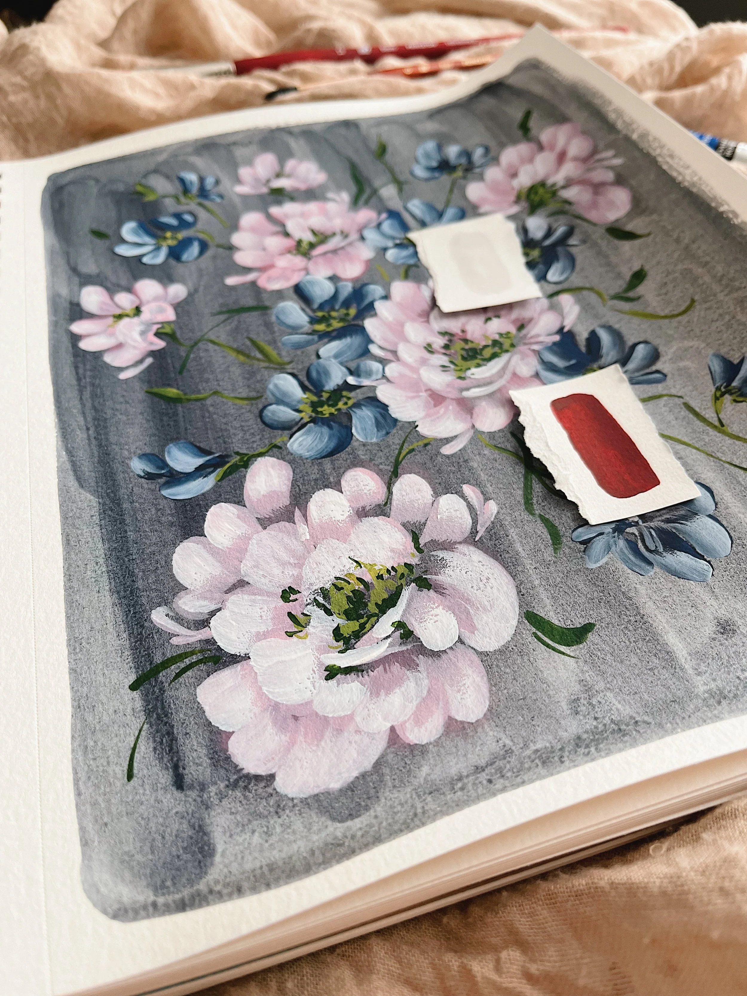 Pink peonies and wildflowers grey art print