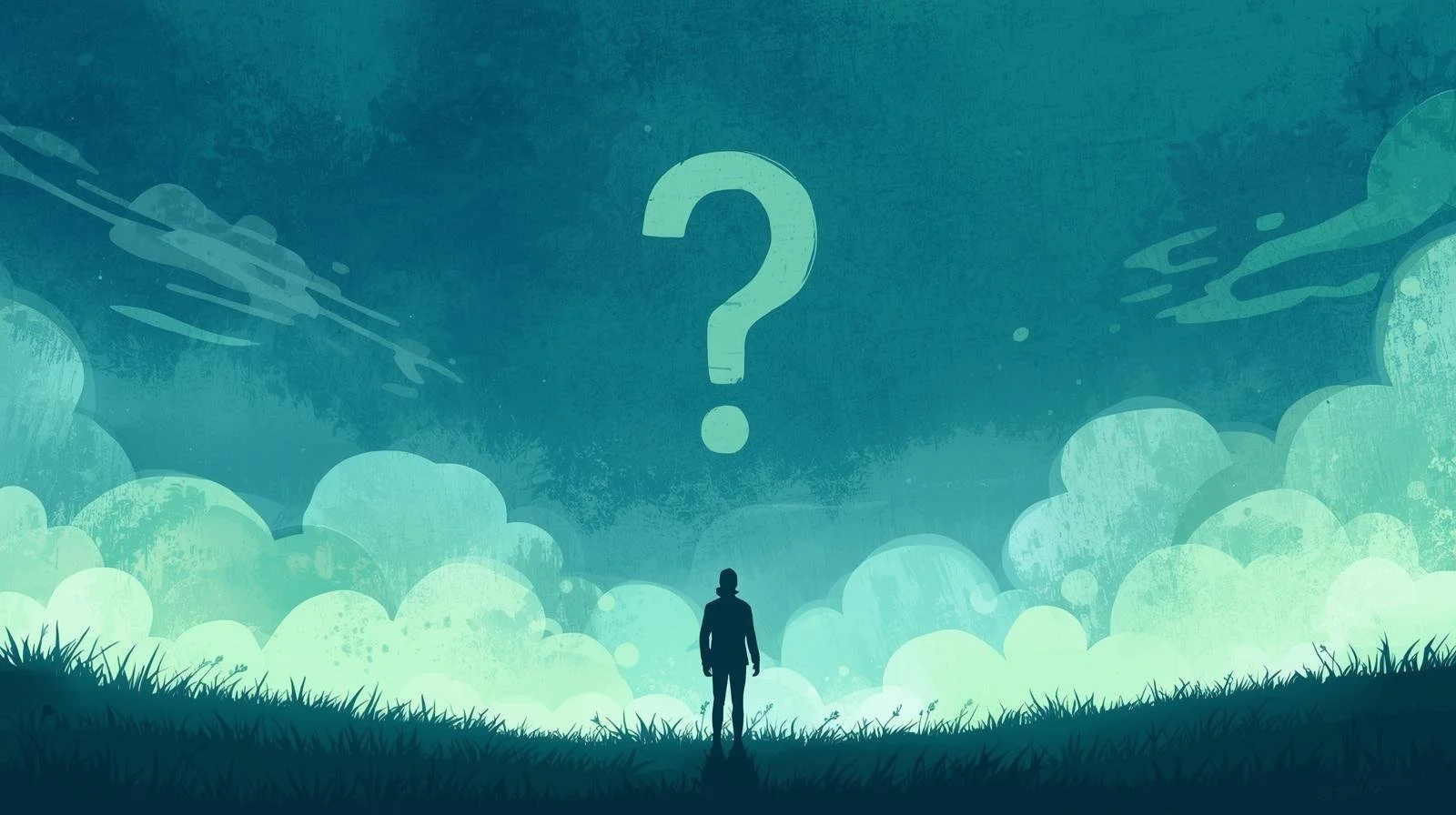 A silhouette of a person standing on grass and looking up at a large question mark in the sky among clouds and abstract shapes.