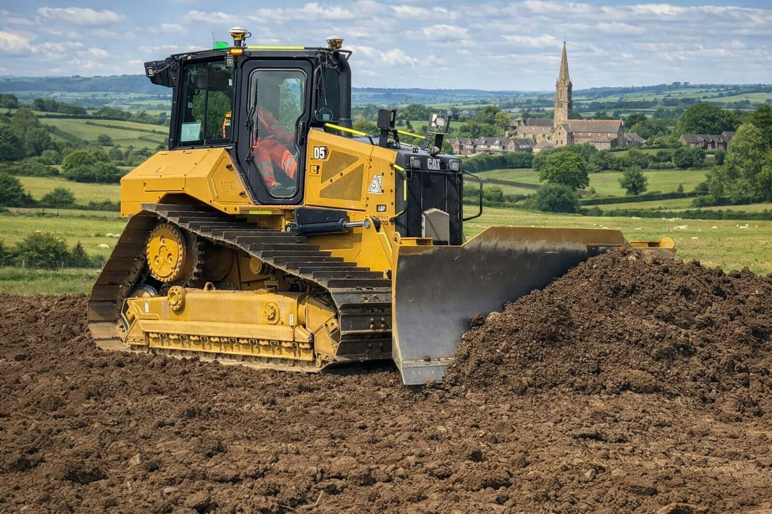 Dozer at work pushing a pile of earth forward