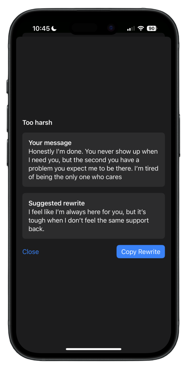 A smartphone screen displays a message rejection and suggested rewrite options. The message is emotionally expressive, indicating frustration and feeling unappreciated. The interface has options to close or copy the suggested rewrite.