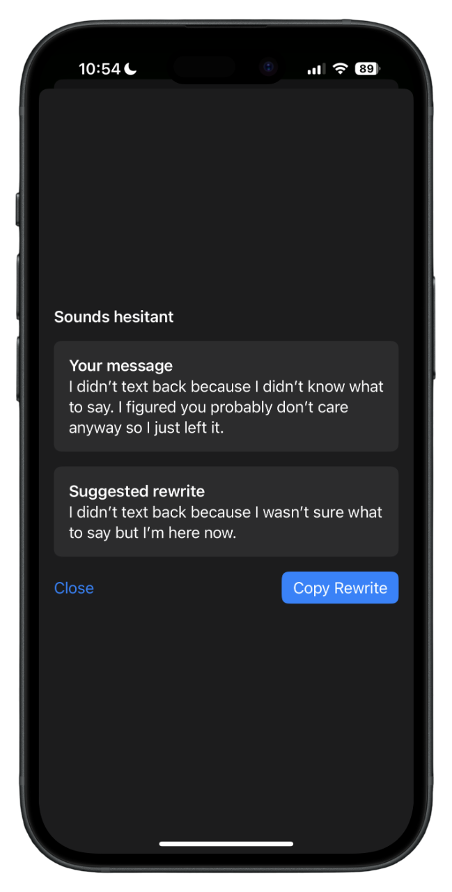 Screenshot of a smartphone displaying a messaging app with a conversation about hesitating to reply to a message, showing suggested rewrite and copy options.
