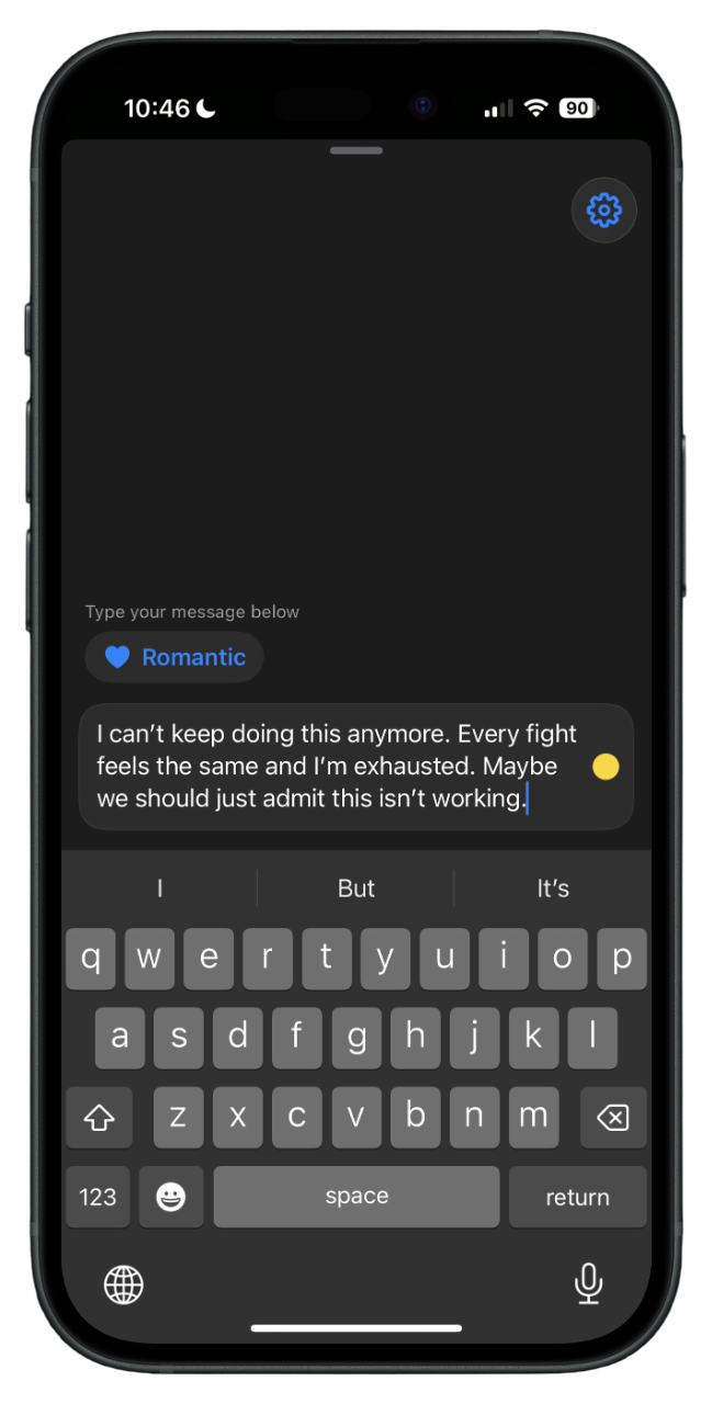 Screenshot of a smartphone messaging app with a dark theme, displaying a message about emotional exhaustion and relationship issues, with a keyboard visible at the bottom.