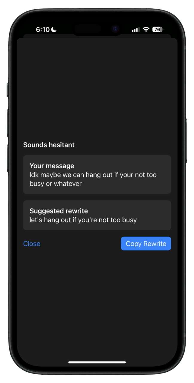 Smartphone screen displaying a messaging app with a conversation suggesting rewriting an invitation to hang out, showing options for the original message and a suggested rewrite, with 'Copy Rewrite' button