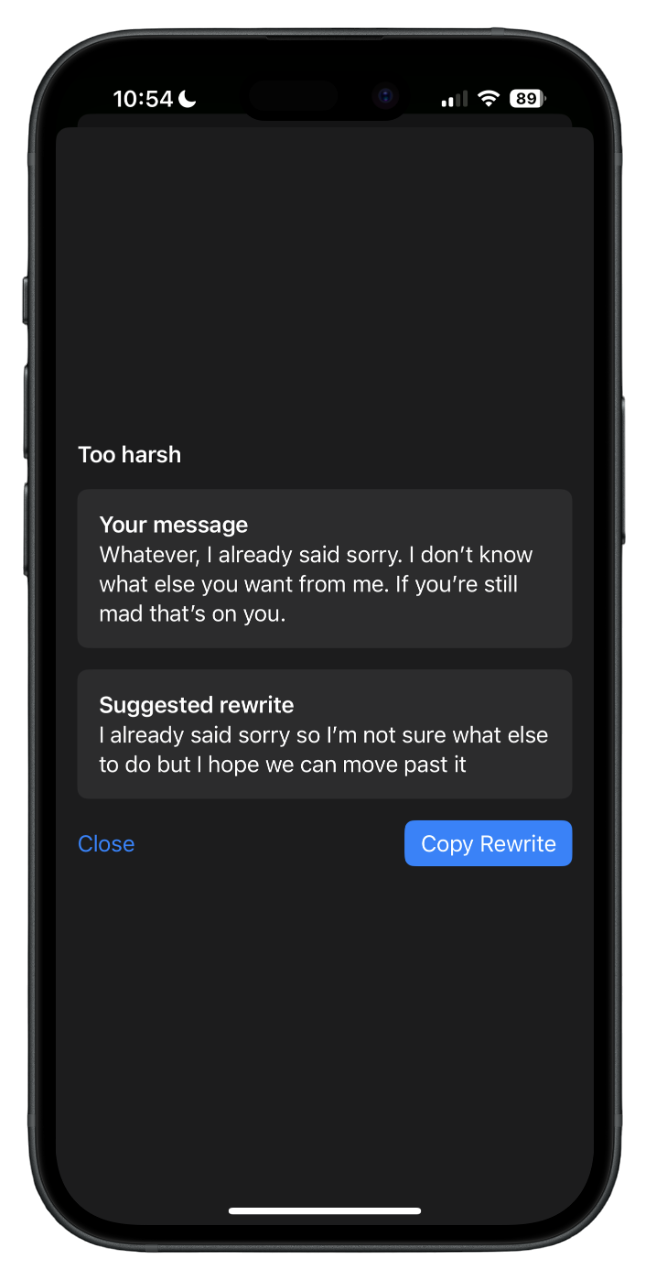 Smartphone screen showing a message editing interface with the title 'Too harsh'. It contains the original message, a suggested rewrite, and options to close or copy the rewritten message.