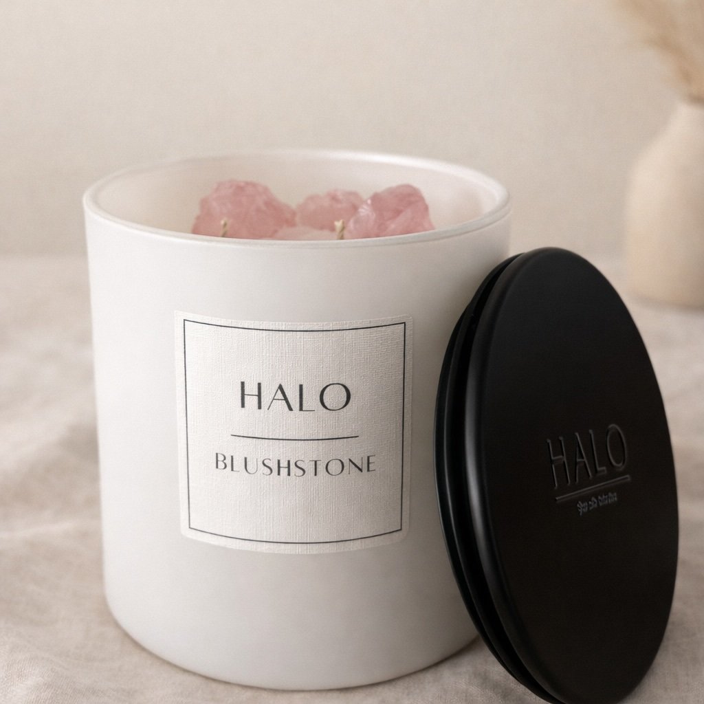 A white candle container labeled 'HALO BLUSHSTONE' with a black lid resting against it, and rose quartz crystals inside.