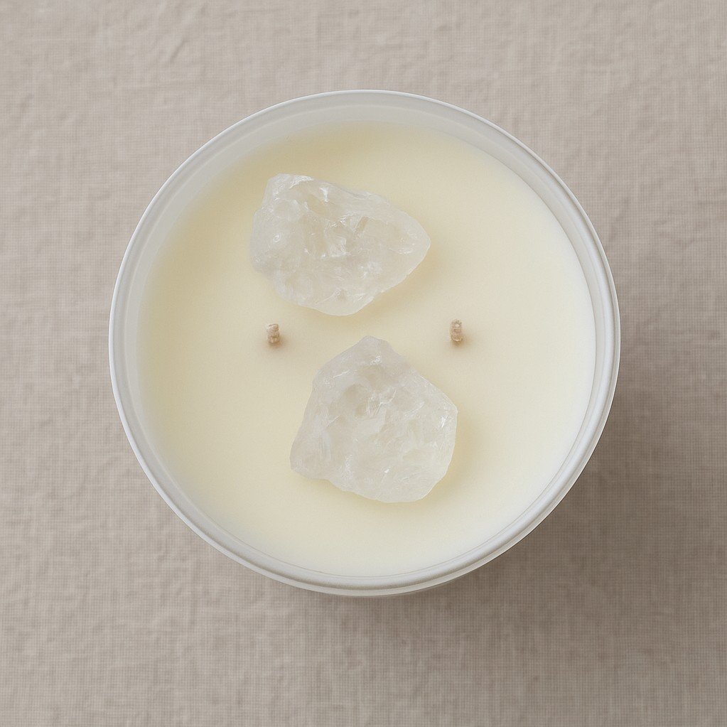 A white candle with two large pieces of white quartz on top, placed on a beige fabric surface.