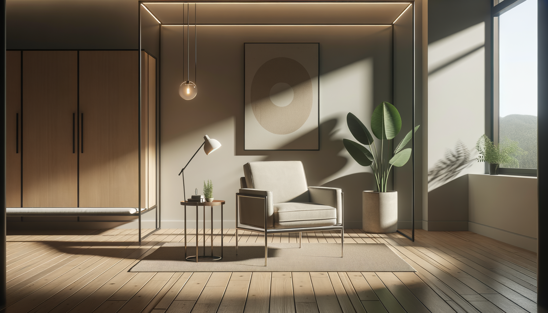 Minimalist living room with beige armchair, side table with a plant and lamp, large framed geometric artwork, green houseplant in a pot, wooden floor, and large window with view of nature.