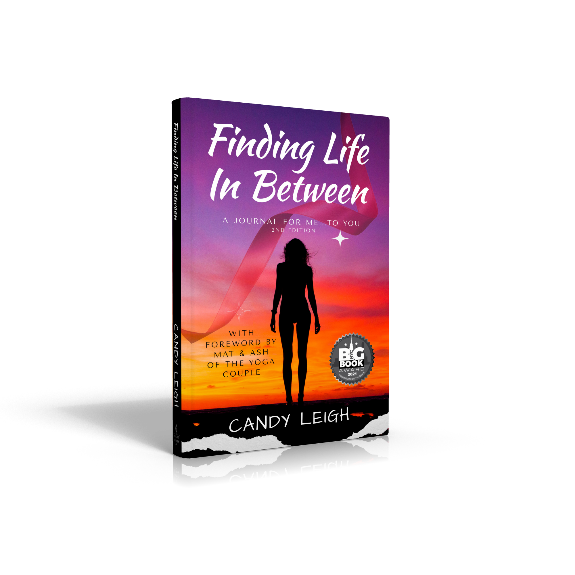 Book cover with silhouette of woman and red ribbon in background title reads Finding Life In Between by Candy Leigh.