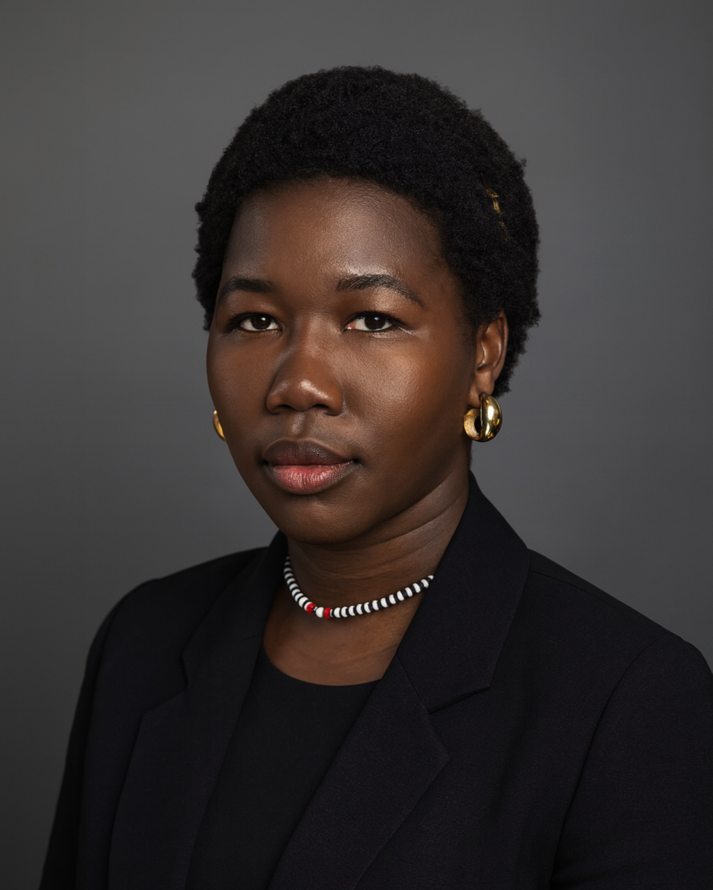 A professional portrait of an African American woman with short natural hair, wearing gold hoop earrings, a beaded necklace, and a black blazer against a gray background.