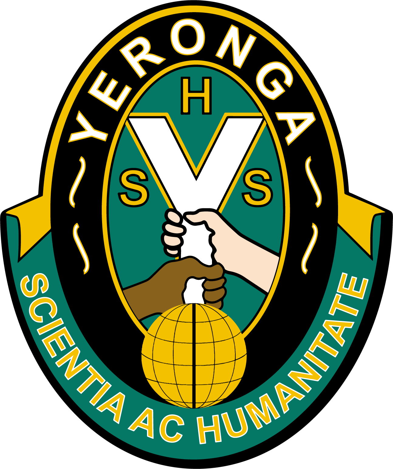 The emblem of the YERONGA SCIEINTIA AC HUMANTATE organization, featuring a hand holding two swords crossing each other, a globe, and the organization's name encircling the design.