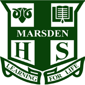 Marsden School crest with a shield featuring a book and a flower, the words 'Marsden,' 'Learning for Life,' and the initials H and S.