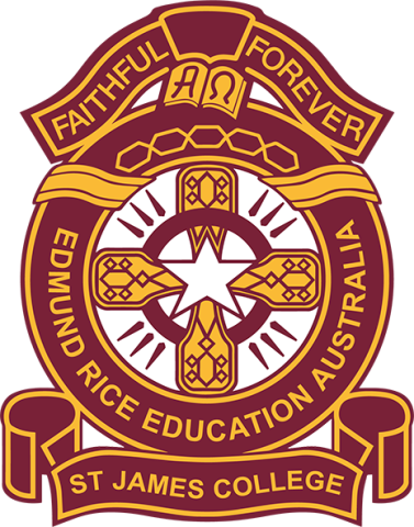 The badge features a white star at the center with a circular design that includes a cross and various decorative elements. The top ribbon reads 'Faithful Forever,' and the bottom ribbon says 'St James College.' The badge is associated with the Edmund Rice Education Australia in Australia.