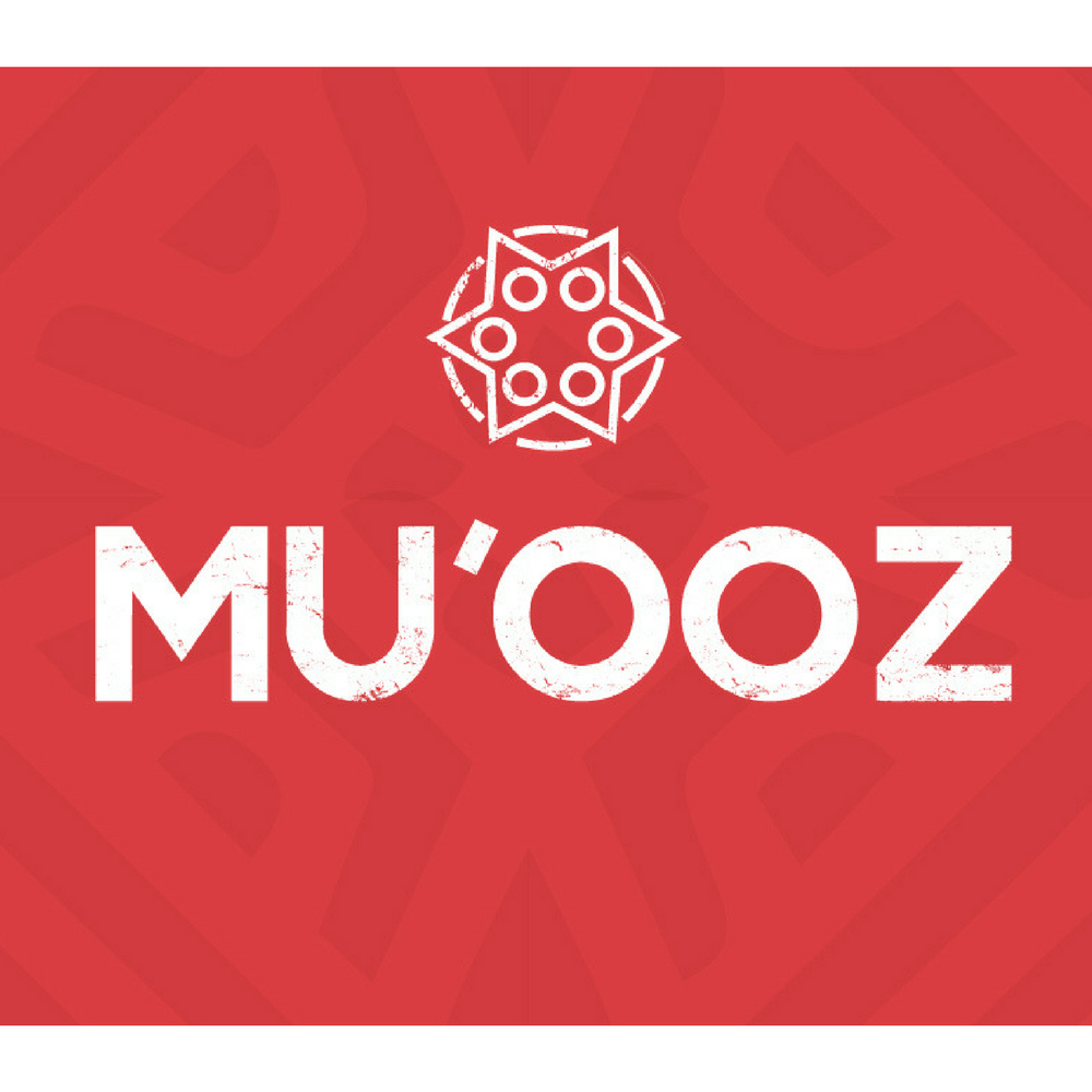 Red background with the white text "MU'OZ" and a geometric white symbol resembling a star with circles inside.