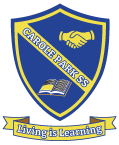 Carroll Park 56 school emblem with handshake and an open book, featuring the motto 'Moving is Learning'