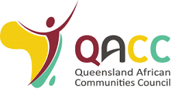 Logo of Queensland African Communities Council featuring a stylized human figure and the organization's name.