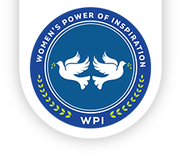 Emblem with two white doves facing each other, surrounded by a blue circular border saying 'Women’s Power of Inspiration' and 'WPI', with a laurel wreath at the bottom.