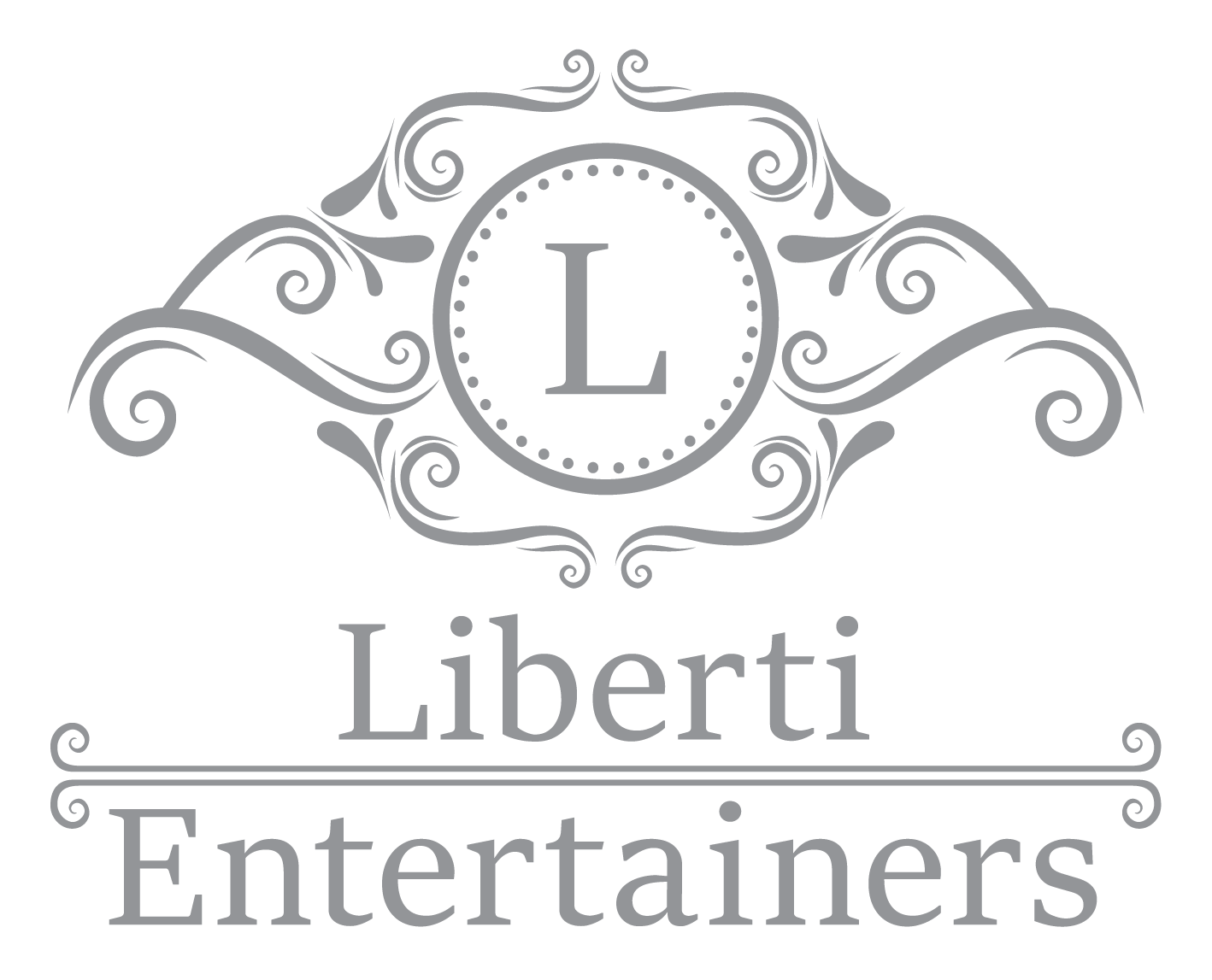 Logo with a decorative design, a central circle with an 'L', and the words 'Liberti Entertainers' below.