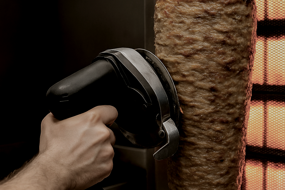 A person's hand holding a power tool, slicing through a large vertical piece of mettwurst sausage.