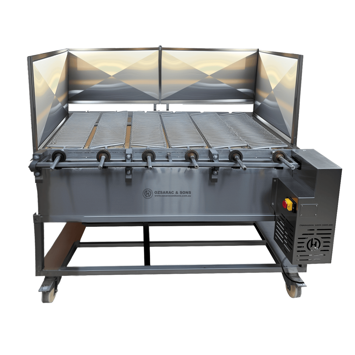 Industrial grill with rollers, stainless steel construction, and side panel control, designed for food preparation.