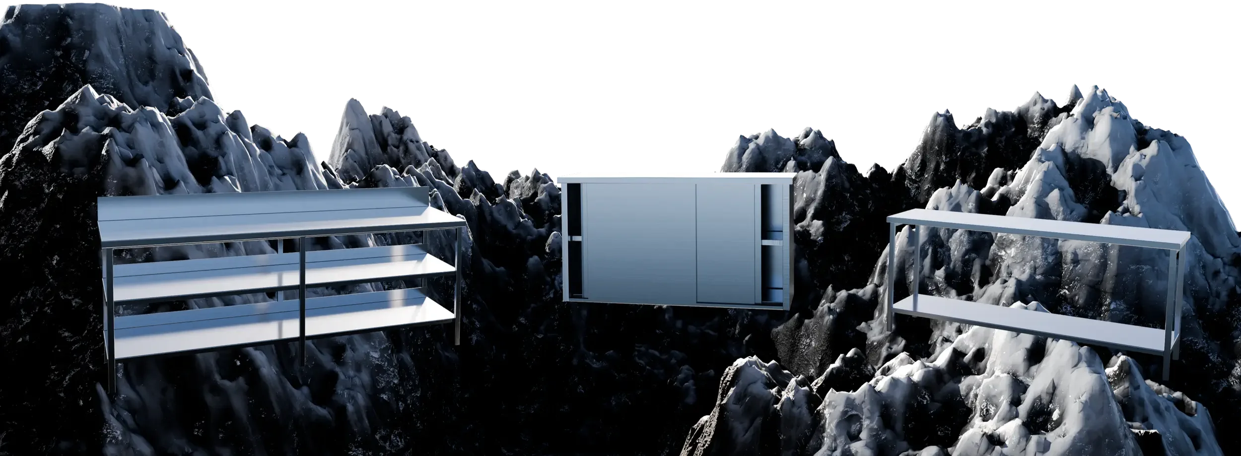 Three empty stainless steel shelves and a closed metallic cabinet installed between snowy mountain peaks.