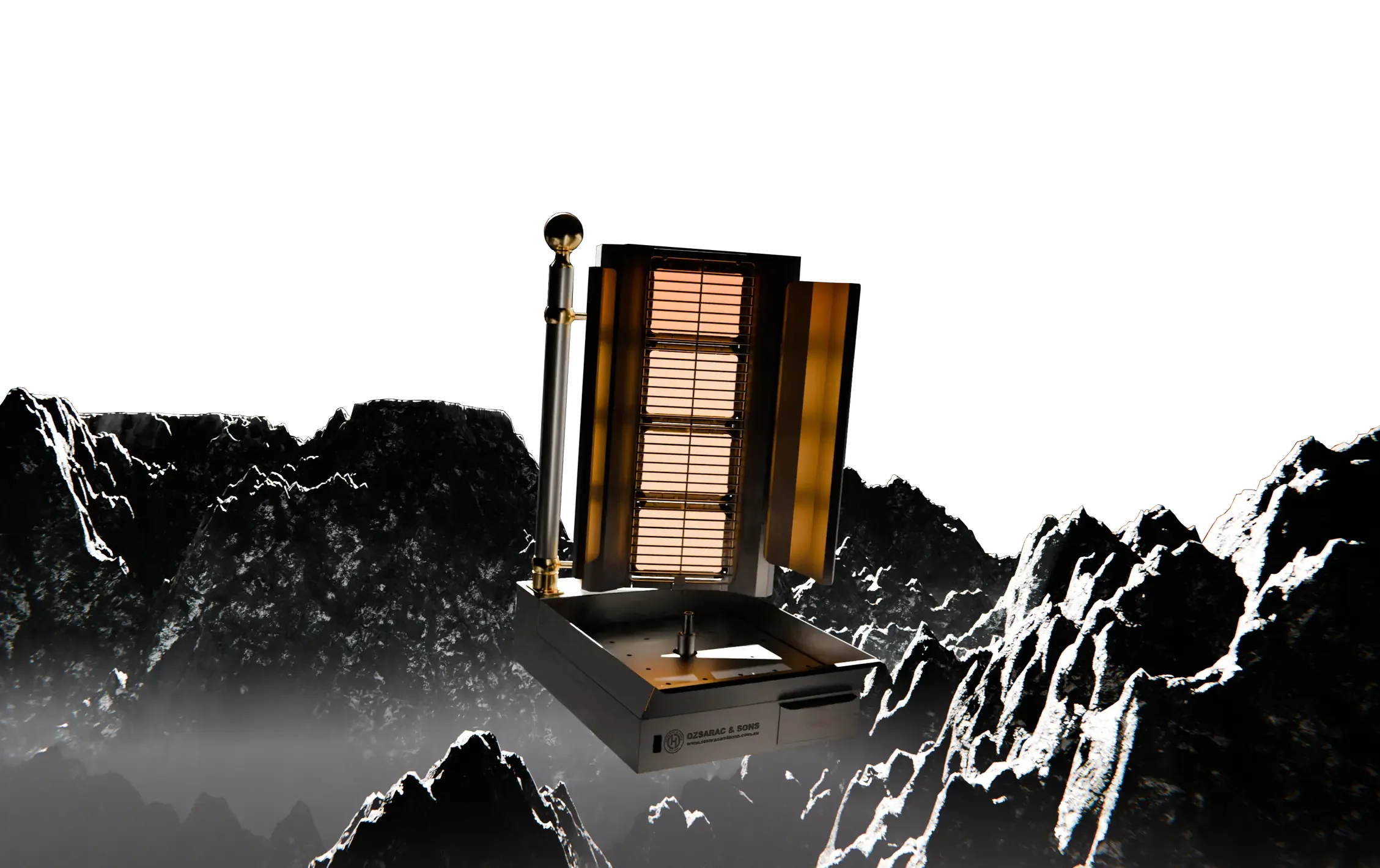 Solar panel mounted on a lunar surface, with mountains in the background.