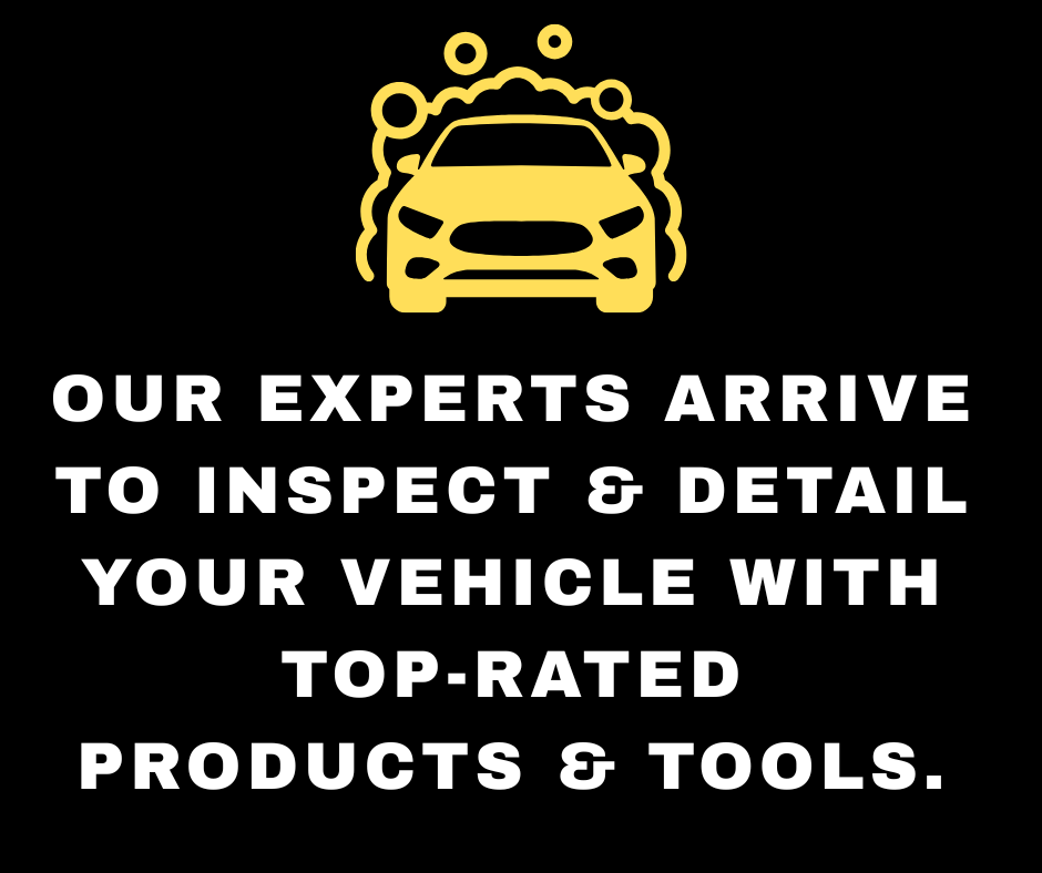 Yellow car with soap bubbles logo and white text on black background advertising vehicle inspection with top-rated products and tools.
