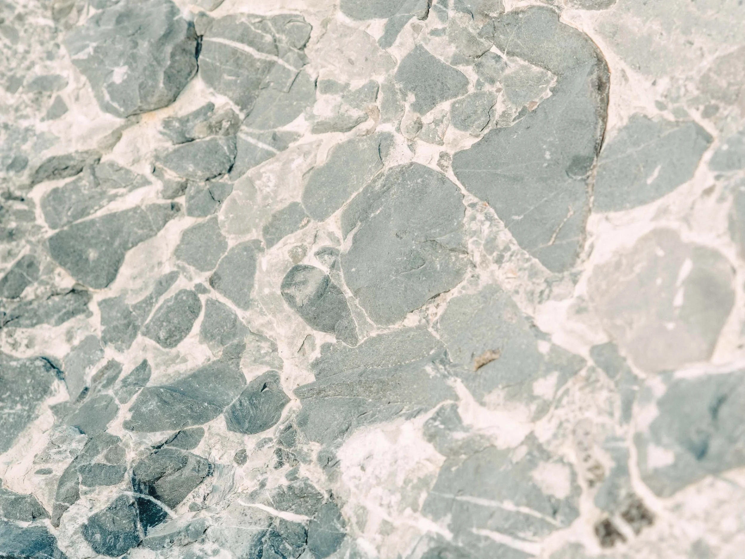 Close-up of a sea side rock, irregular grey and white stone fragments.