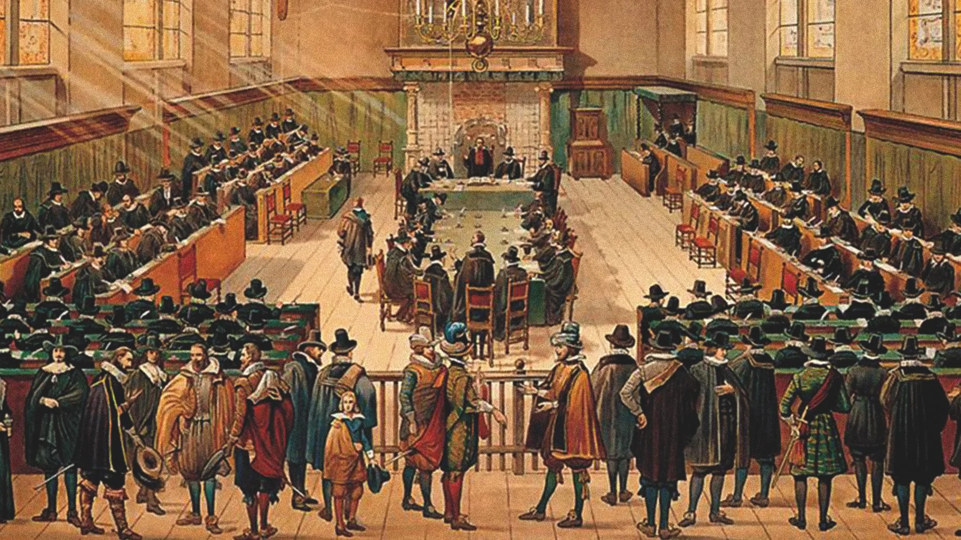 An historical painting of the proceedings of the Synod of Dordrecht, which produced the Canons of Dort, the Church Order of Dort, and commissioned the translation of the Scriptures (Statenvertaling)
