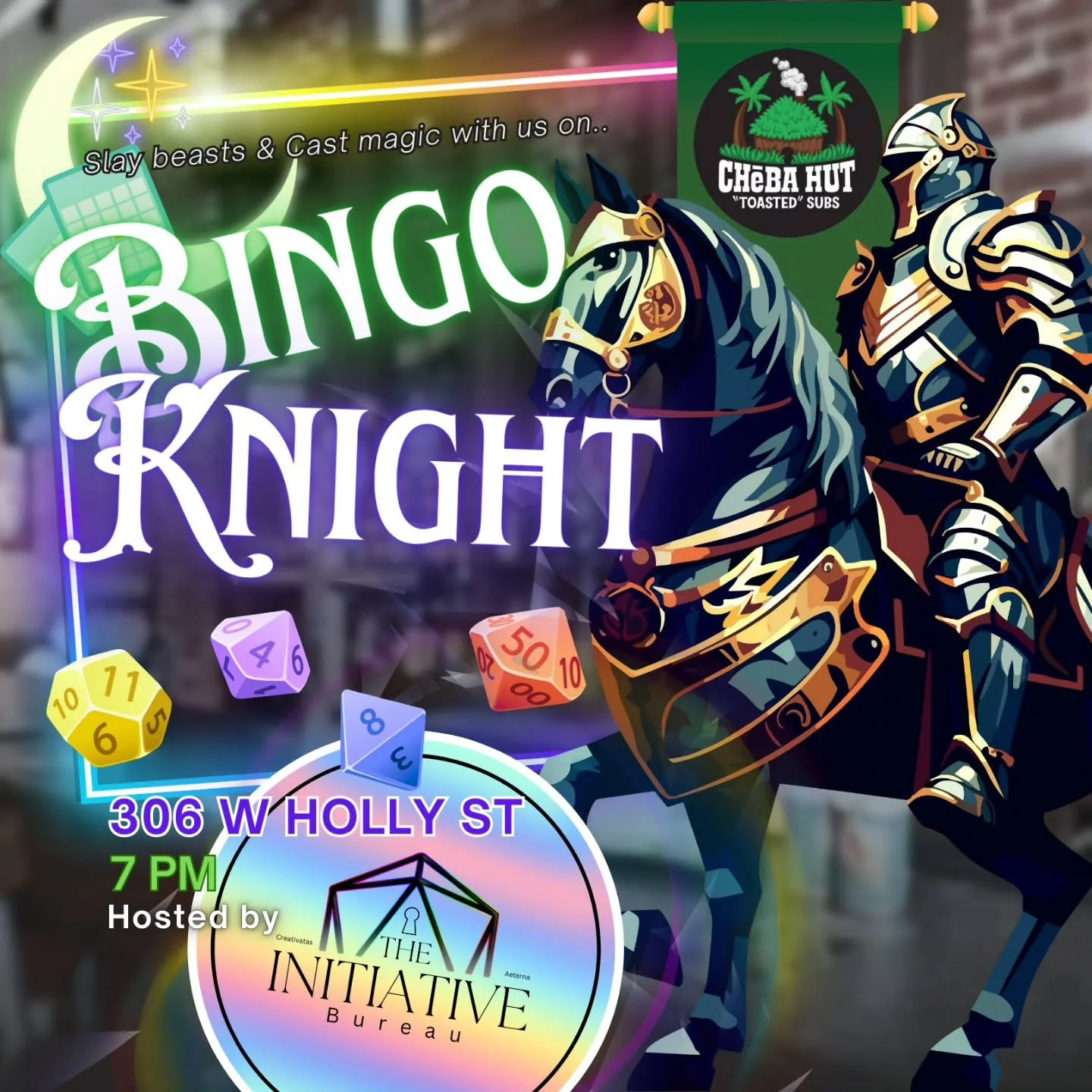 βοΈβ¨ Our First Bingo Knight at Cheba Hut! β¨βοΈ
π
 Tuesday, September 2nd
β° 7PM
π Cheba Hut w/@chebahutbellinghamfam 
The quests begin! π°π» Step into the realm of luck, laughter, and legendary prizes at our very first Bingo Knight. Gather your crew,