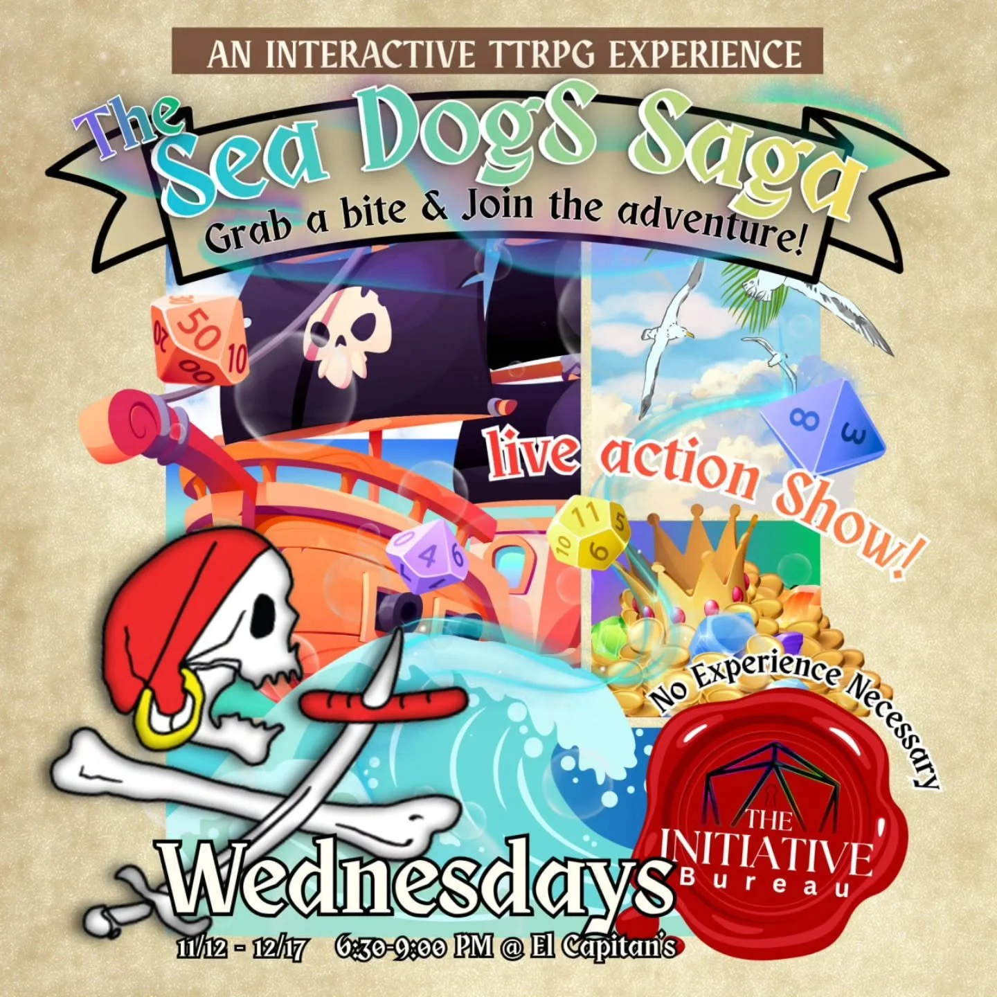 Captain Noctis has been stuck in his hugeeee quarters all weekend. Joins us as we drag him and the crew back out Wednesday at 6:30 to continue the show!

📍@el_capitans_sausages 
🕖at 6:30!

Listen for the bell!

#bellingham #interactivettrpg #trrpg 