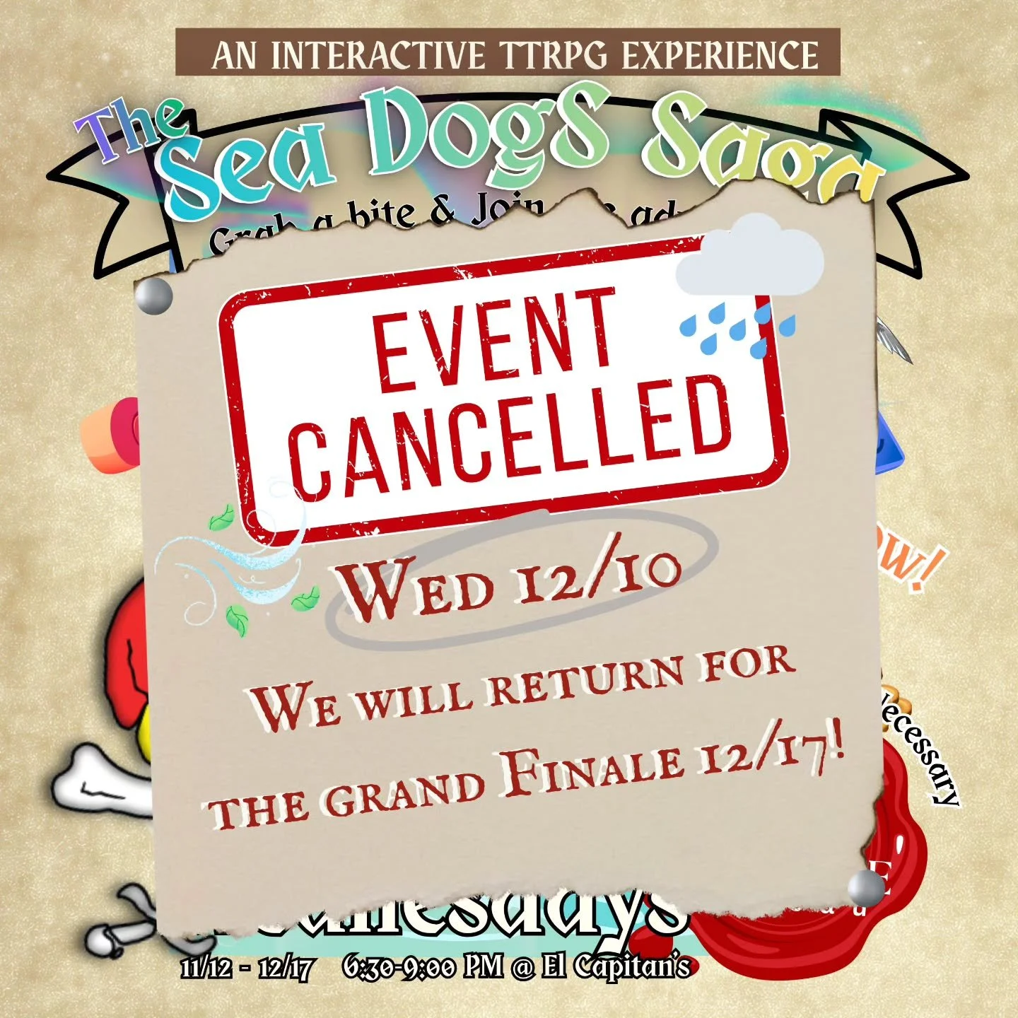 Crew!! We apologize for having to cancel this week due to the weather. Please join us for the grand finale next week @el_capitans_sausages !!