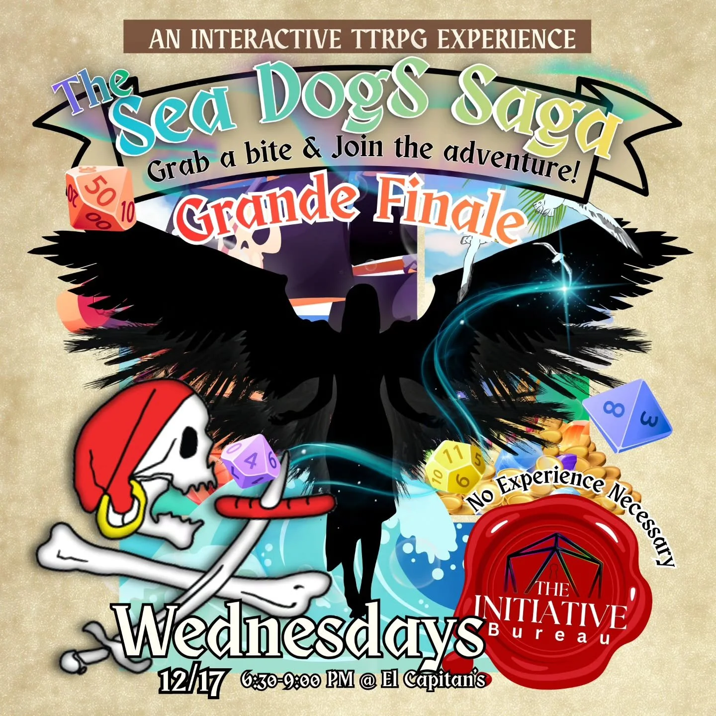 Join us Wednesday at @el_capitans_sausages 12/17 at 6:30 for the grande finale of the Sea Dogs Saga! Will Captain Noctis and his crew survive? Will they reach the Siren? Its up to you!

#interactivettrpg #ttrpg #pirates