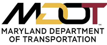 Logo for Maryland Department of Transportation, with white background, and yellow, black, and red text