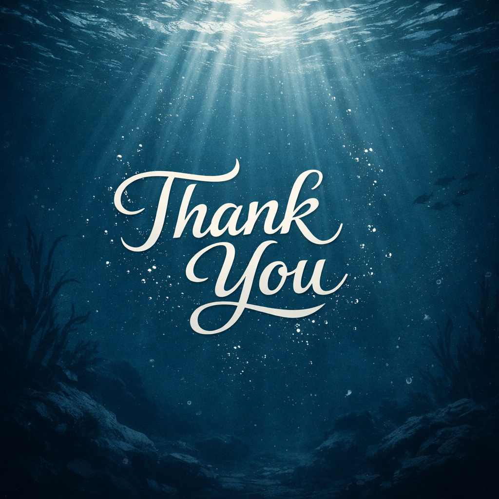 Underwater scene with sunlight penetrating the water, with plants and fish in the background, and the words "Thank You" in the center.