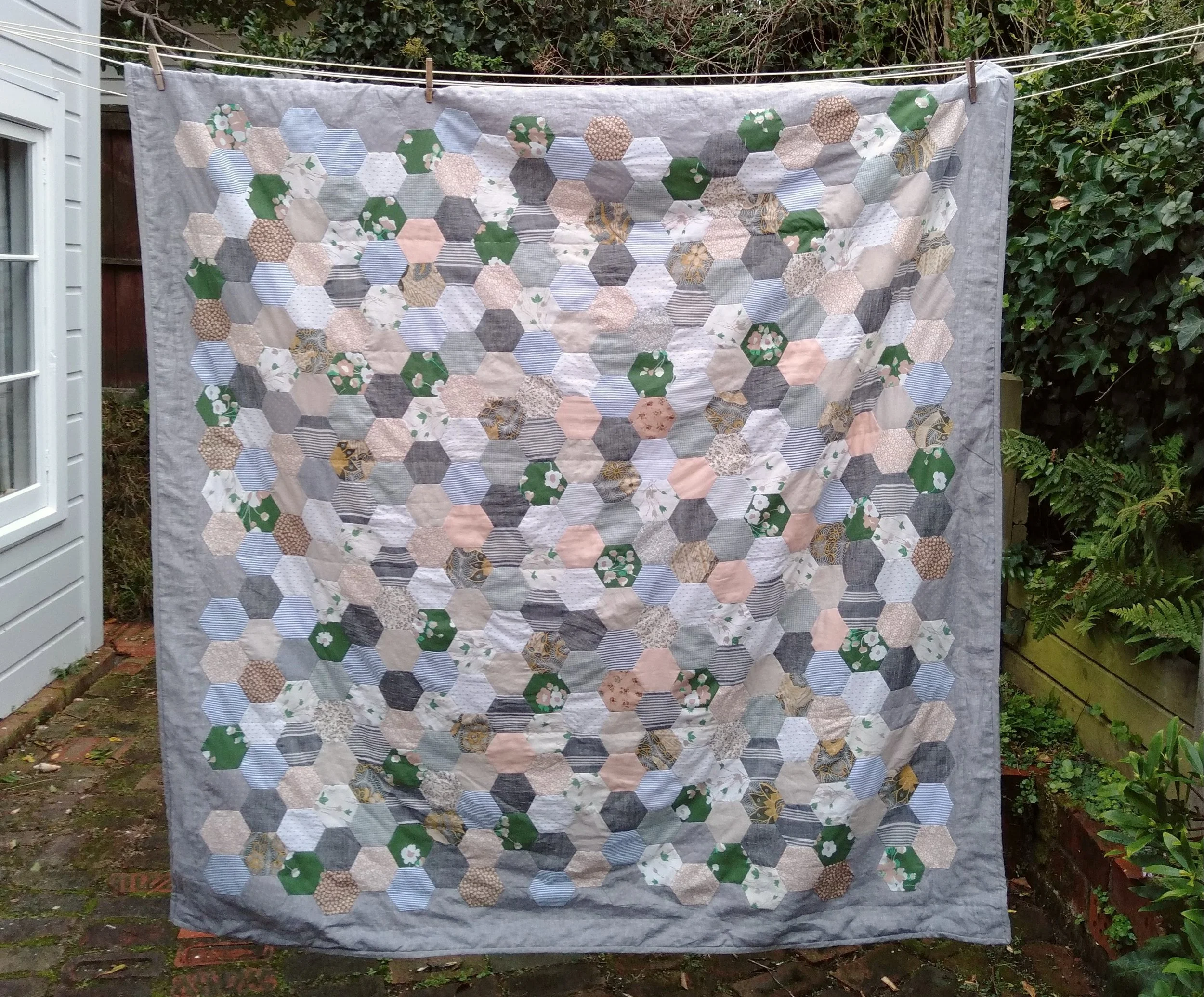 hand-pieced hexagon quilt