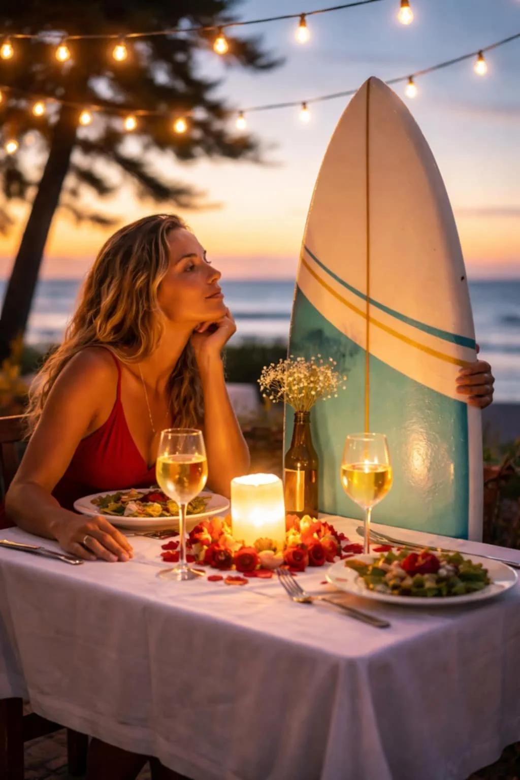 women having dinner with her surfboard