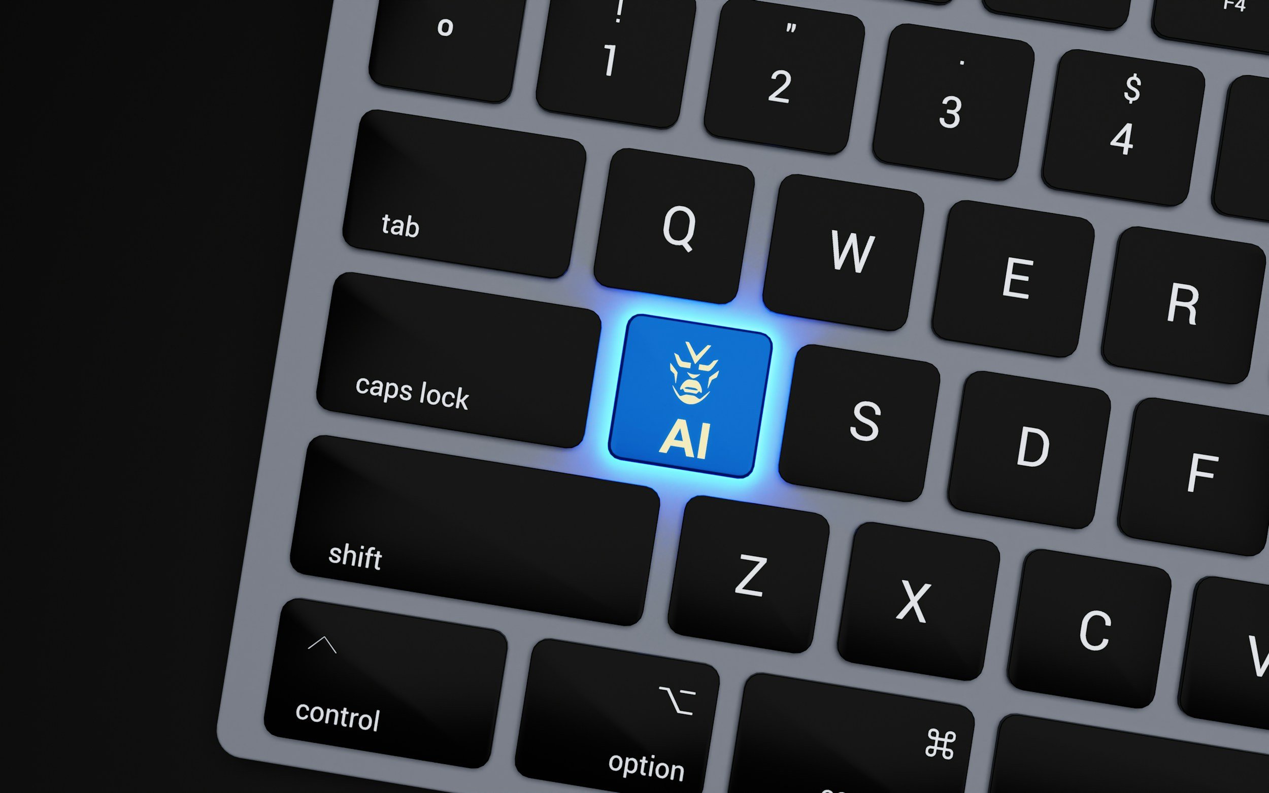 Close-up of a computer keyboard with a blue illuminated key featuring an AI icon and the label 'AI', among black keys with white lettering.