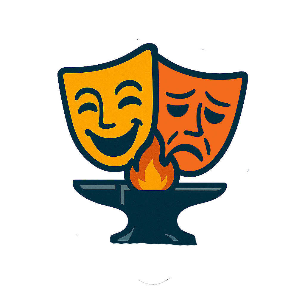 A cartoon illustration of two theatrical masks, one smiling and the other frowning, beside a lit candle on a dark stand - Forge Artist Award, Blaze Ensemble.