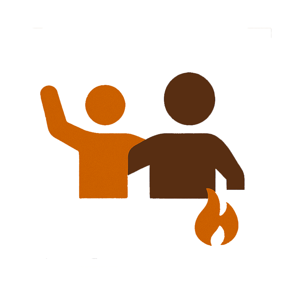 Icon of two people, one raising a hand and a fire symbol at the bottom right - Performance Leader Award, Blaze Ensemble.