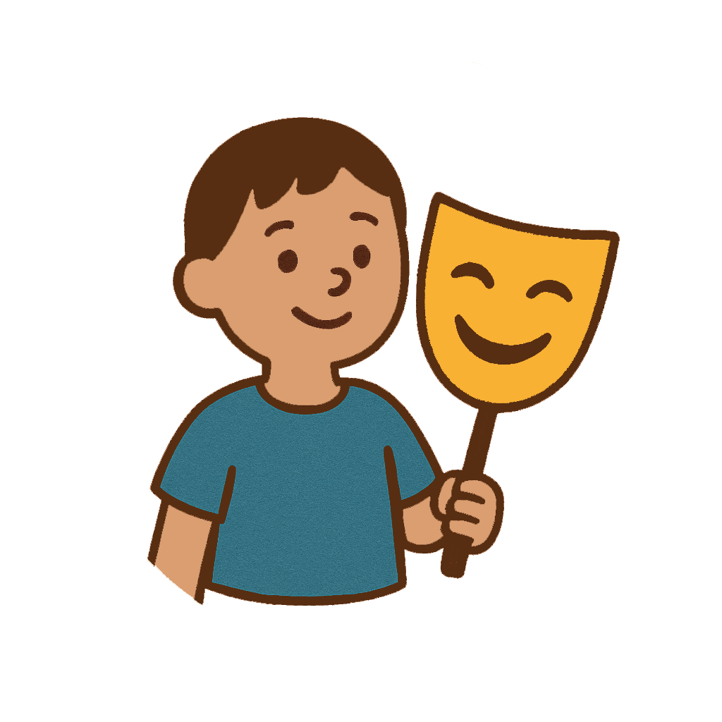 A cartoon boy holding a stick with a smiling theatrical mask - Drama Adventurer Award, Embers Ensemble.