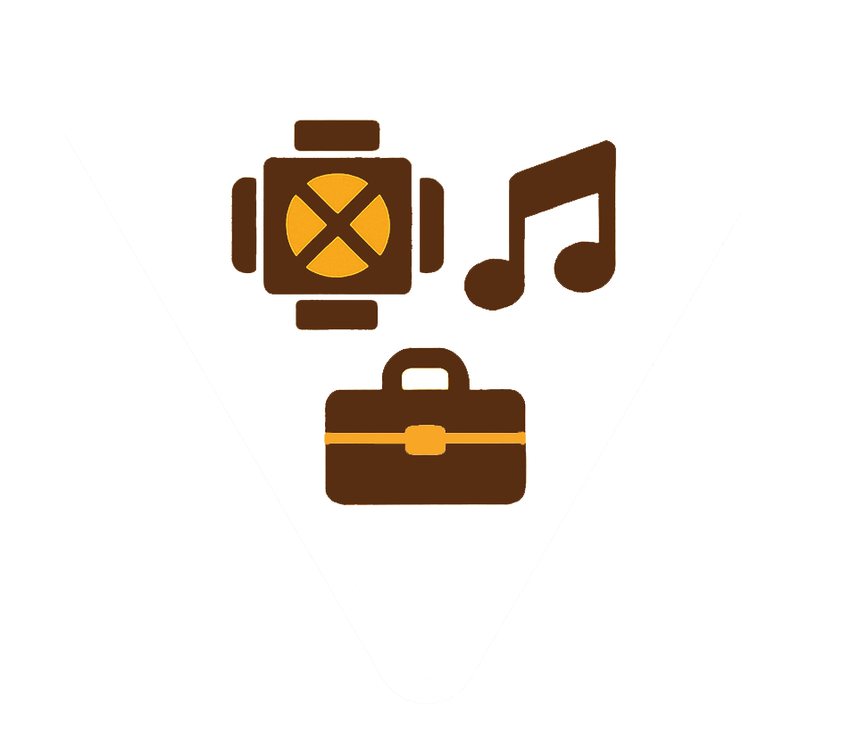Icon representing music, a briefcase, and a target or crosshair symbol - Cue Commander Award, Flame Ensemble.