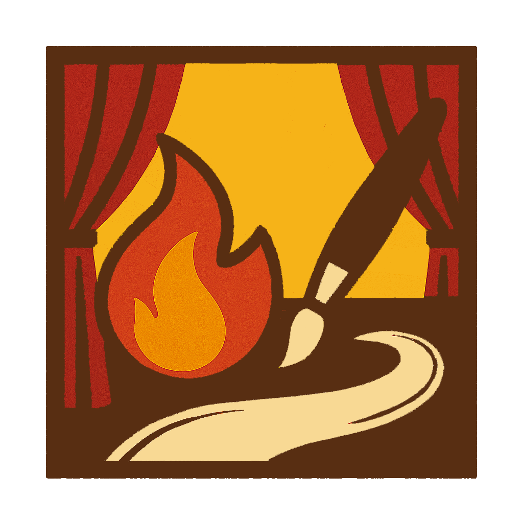 Illustration of a stage with red curtains, a spotlight, a burning flame, and a paintbrush on a curved surface - Designer in Residence Award, Blaze Ensemble.