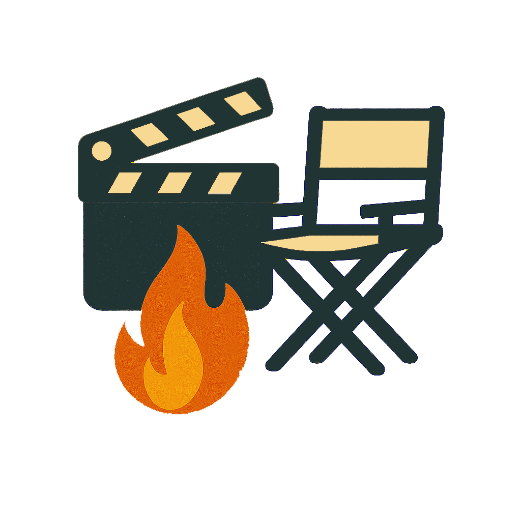 Illustration of a film clapperboard, a director's chair, a campfire, and a film reel - Visionary Director Award, Blaze Ensemble.