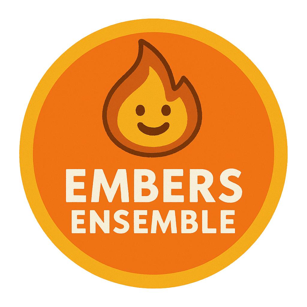 A circular logo with orange and yellow gradient background featuring a smiling flame cartoon and the text "Embers Ensemble" in white capital letters.